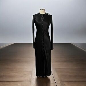 Zara Lingerie Black Satin Maxi Dress Buttons Long Sleeves Women's Large Belt New